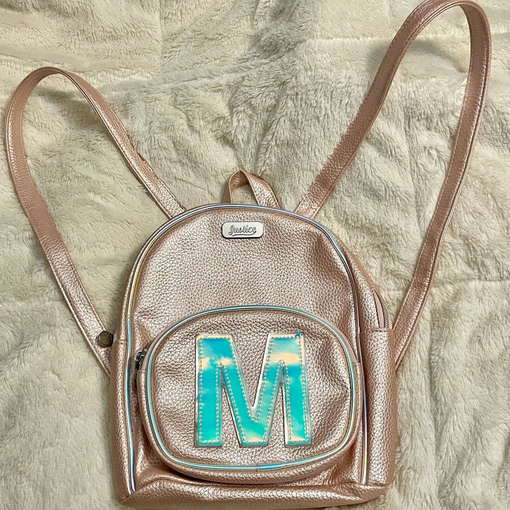 🎀 Justice light pink small backpack w/ “M” initial